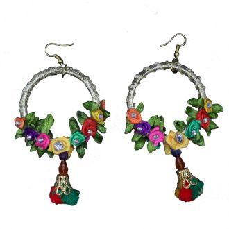 Flower Gota Earrings with Pom Poms