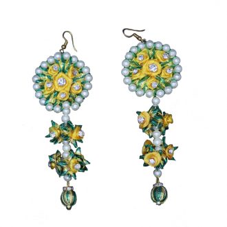 Green Flower Drop Gota Earrings